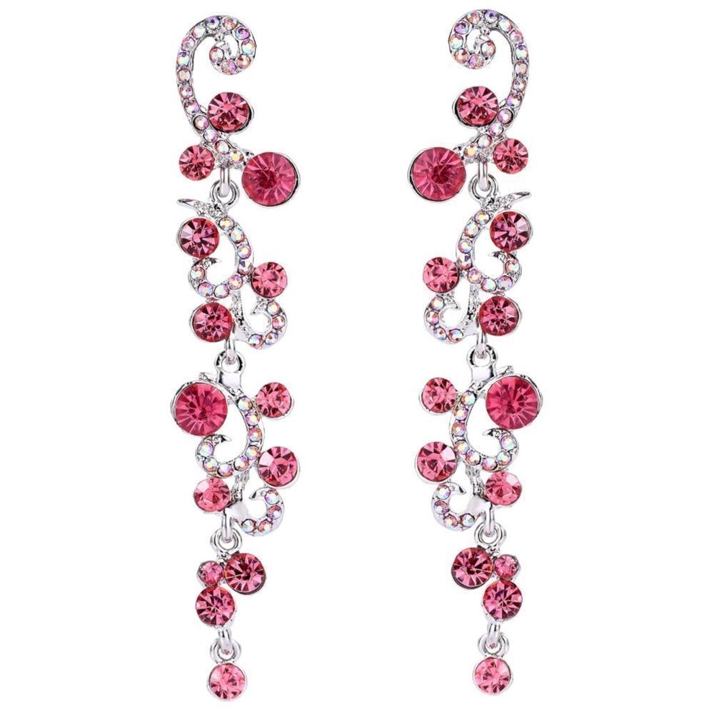 Silver with Pink Sapphire and AB Austrian Crystal Wave Statement Post Earrings